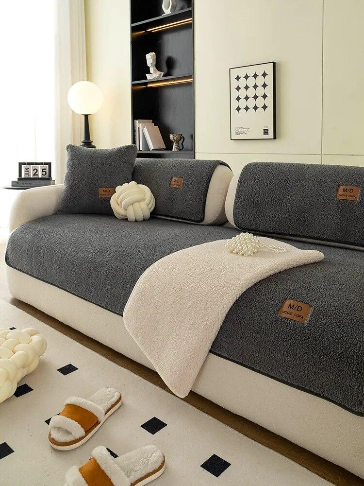Lambswool Plush Soft Velvet Sofa Cushion Thickened Warm Cushion Non-Slip Universal Living Room Sofa Cover Armrest Backrest Towel