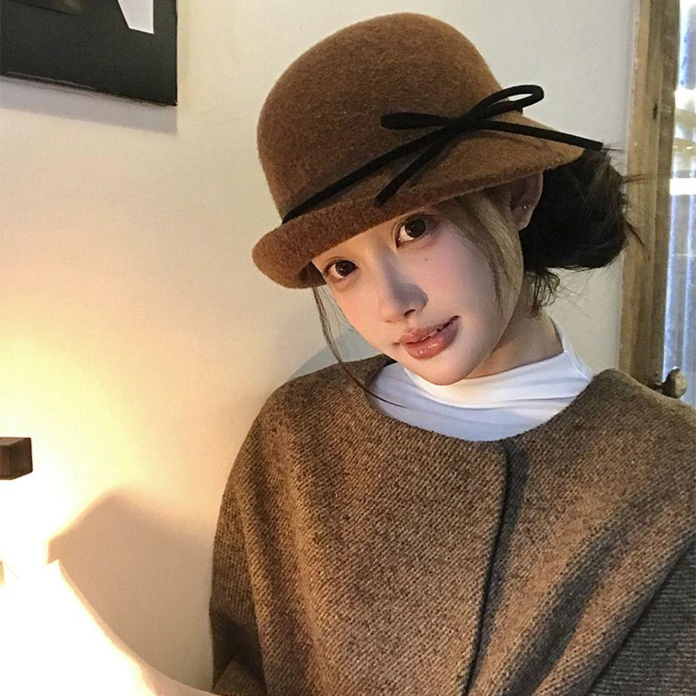 French Style Woolen Bucket Hat Bowknot Wool Fisherman Hat Elegant Hepburn Style Topper Hat  Travel