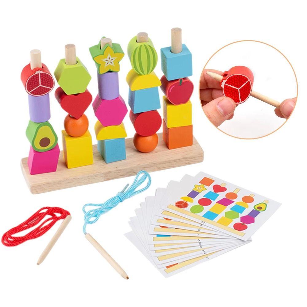 Montessori Stacks Blocks Puzzle Game Geometric Wooden Beads Sequencing Toy Kindergarten Kids