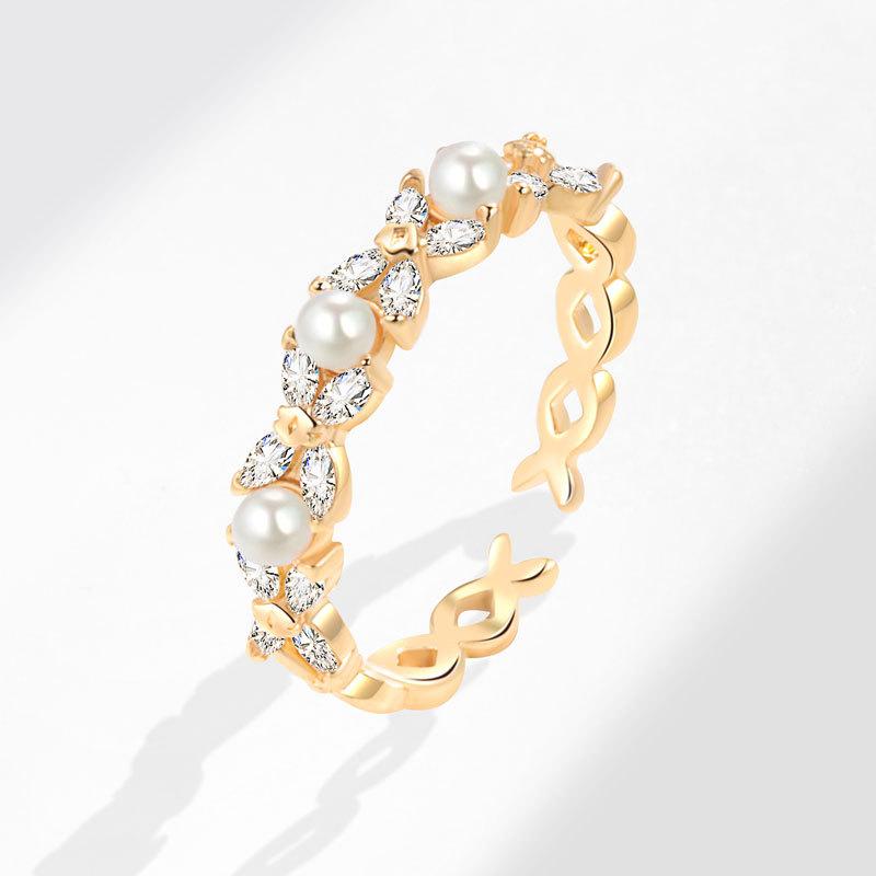 

Chic Micro Paved Pearl Open Ring For Women Minimalist Adjustable Index Finger Band High End Fashion Jewelry Adjustable opening золотий