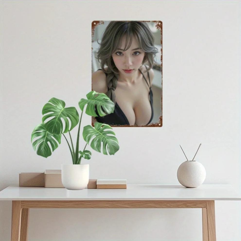 Hisun Tin Sign HD Metal Tin Sign Beautiful Asian Girl with Gray Hair Braid in Black Lingerie Vintage Retro Wall Decor for Home Bar Pub