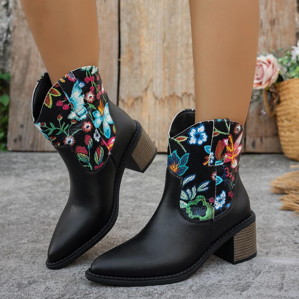 European and American large-size pointed short cowboy boots women's autumn and winter new low-heeled color matching Martin boots women's boots