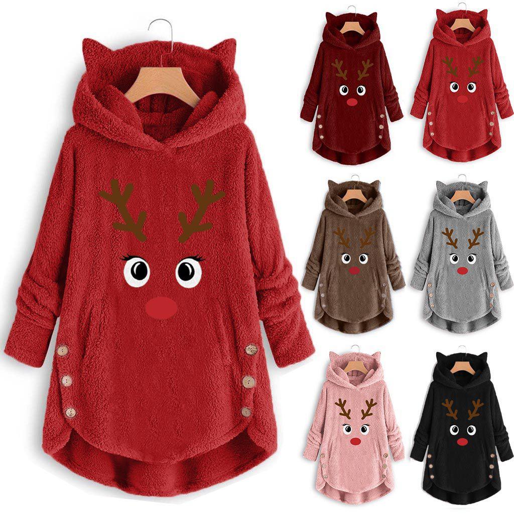 Cozy Fluffy Women's Christmas Sweatshirt With Adorable Elk Pattern And Cat Ear Design