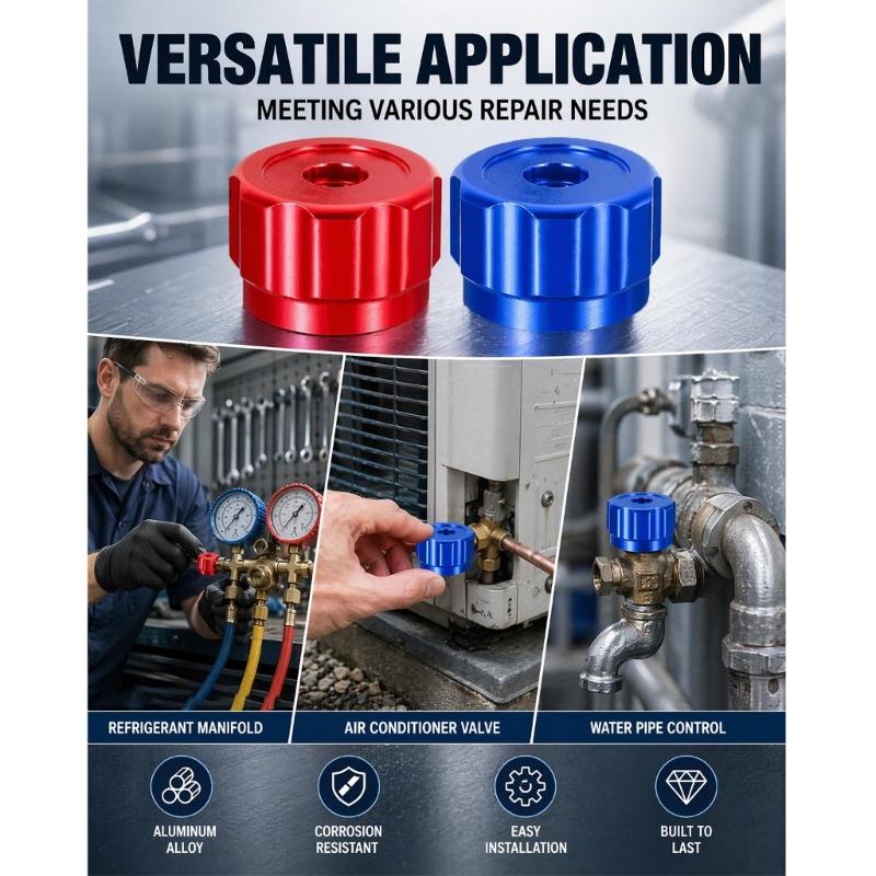 Replacement Manifold Gauge Valves Knobs, 2Pcs Red and Blue HVAC Control Handles, Aluminum Alloy Ribbed Edges, 0.26 X 0.26 In Mount Opening
