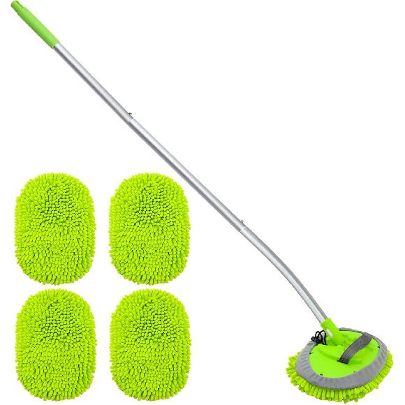 

15° Curved Car Wash Brush with Long Handle 43 Extension Cleaning Mop Exterior Interior Carwash Duster 3-Section, 90° Pivoting Extralarge зелёный