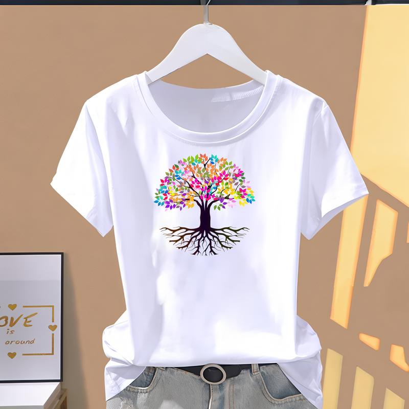 Women's summer T-shirt, cute and fashionable printed pattern, short-sleeve trendy top.