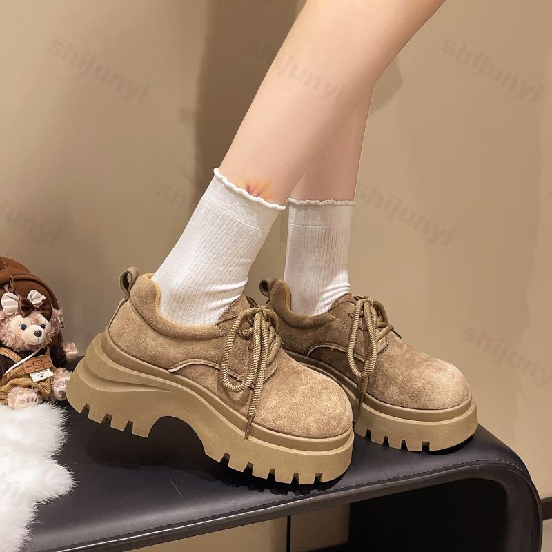 Platform Loafers Women Autumn New Vintage Comfortable Lace Up Fashion Single Shoes Outdoor Non Slip Height Increase Casual Shoes