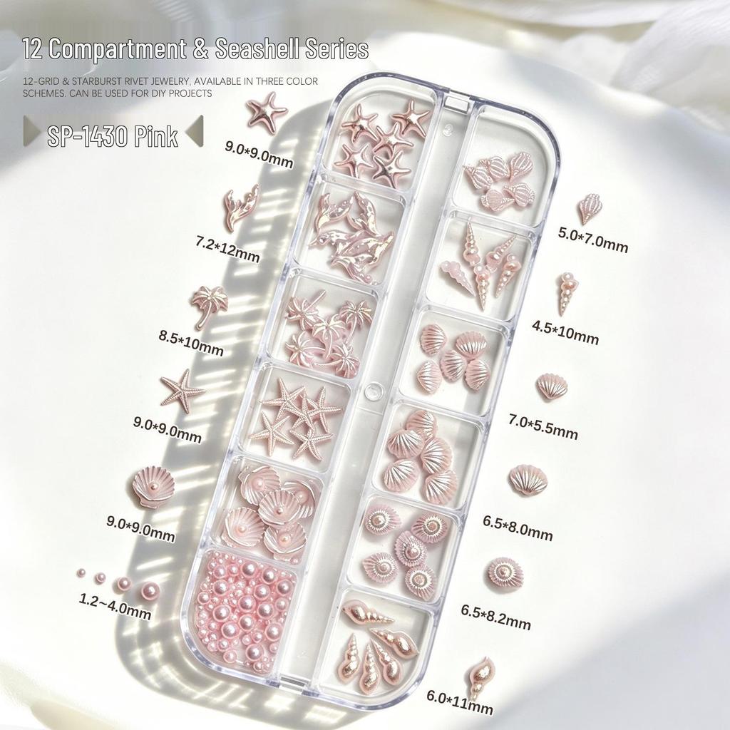 12-Piece Ocean-Themed Nail Art Accessory Set: Starfish, Shells, Conch, Coconut Trees, and Pearls