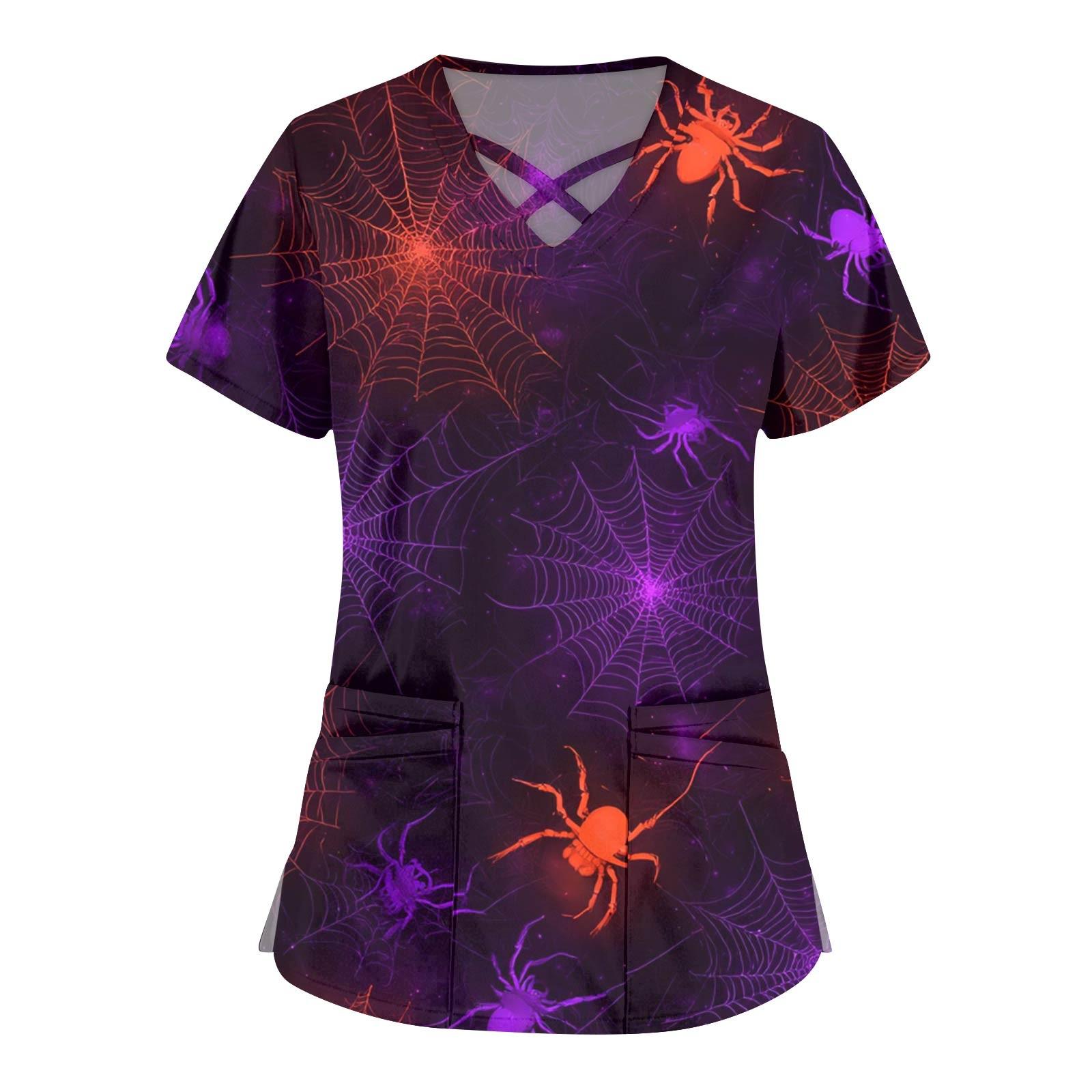 

Женская мода Комбинезоны с перекрестным V-образным вырезом и короткими рукавами Двойные карманы Топы с принтом на Хэллоуин Униформа XXL фиолетовый