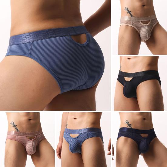 Men Briefs High Elasticity Fit Tight Cut Panties Solid Color Striped Print Breathable Mesh Underwear Smooth Wiring Low Waist Panties