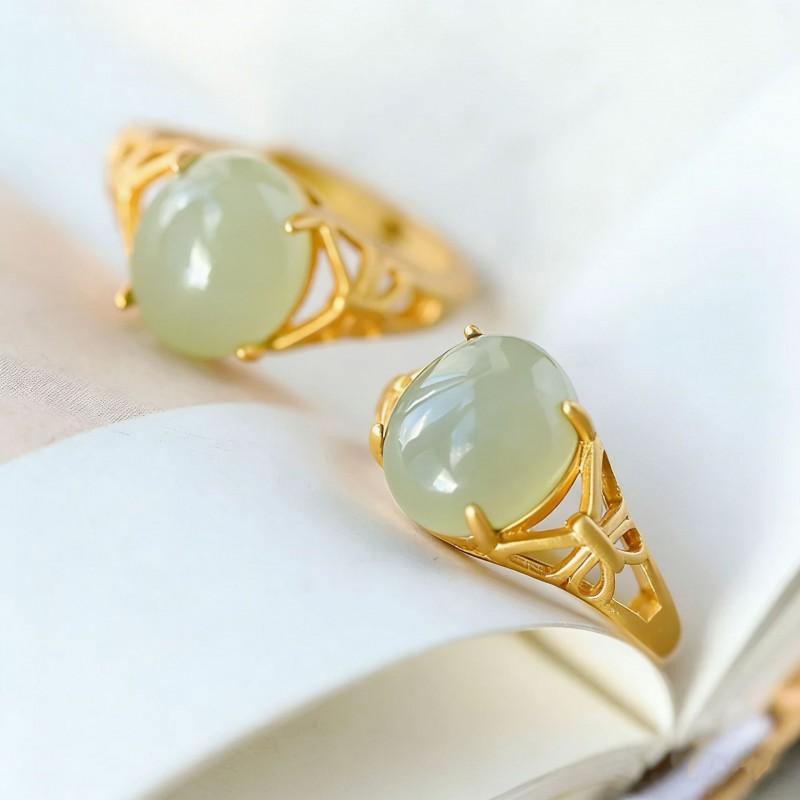 Adjustable Open Ring Women Men Copper Gold Plated Jade Butterfly Filigree Vintage Boho Jewelry