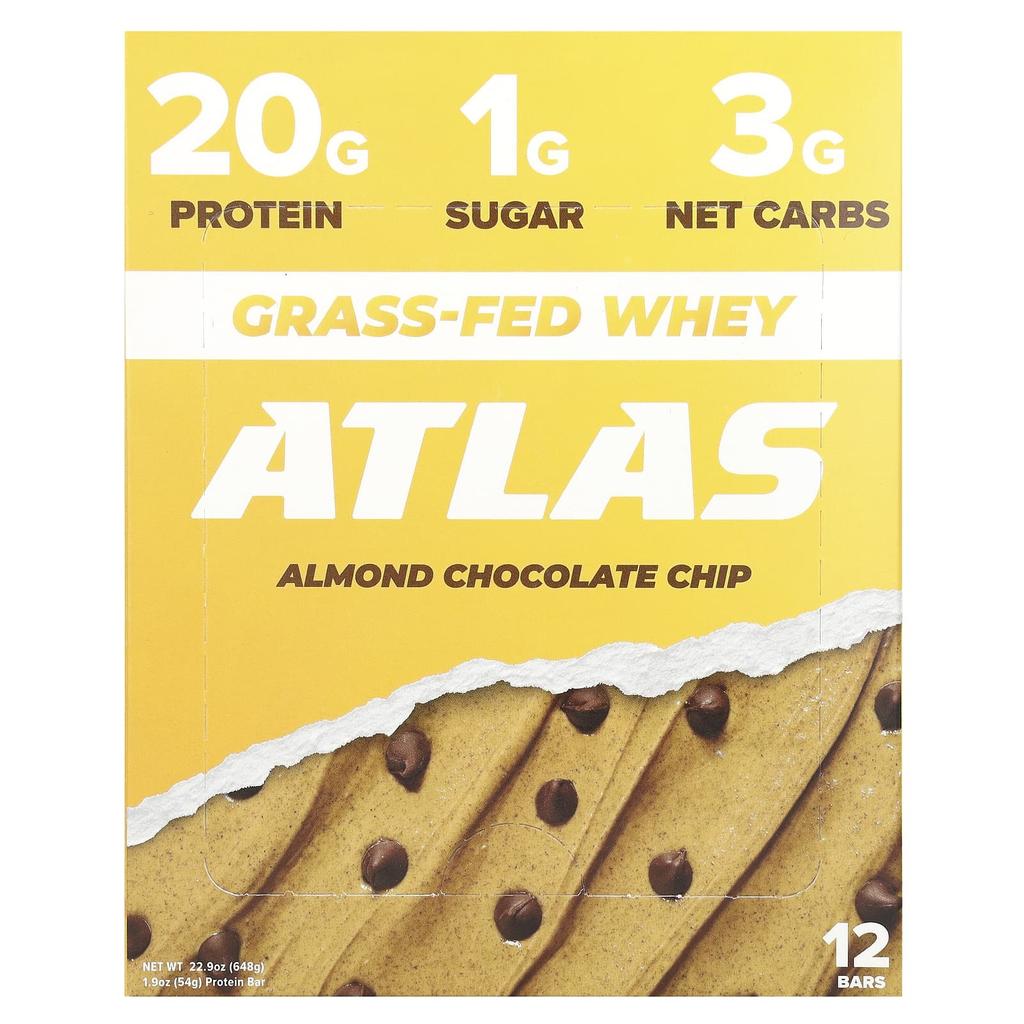 Atlas Bar Tyčinka syrovátkového proteinu z trávy, mandlová s čokoládovými kousky, 12 tyčinek, 1,9 oz (54 g) Každý