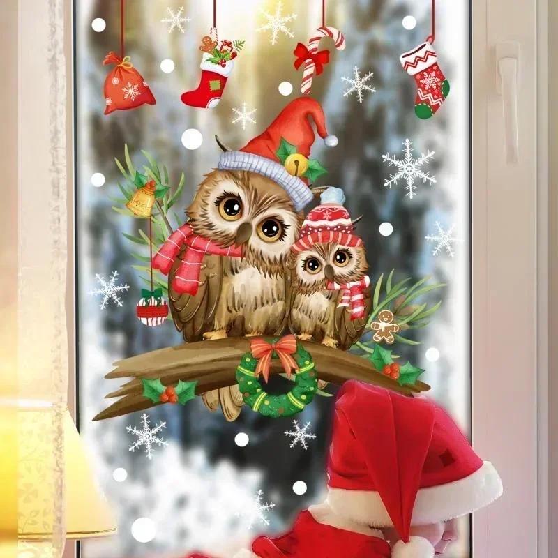Christmas Owl Branch Wall Stickers Living Room Glass Window  Mural Bedroom Decor Self Adhesive Animal Decals Home Decoration