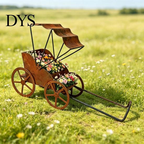 Weatherproof Garden Decor Rustic Rickshaw Ornament, Decorative Metal Yard Sculpture, Fun Decorations Retro Outdoor Decoration for Lawn Patio Backyard