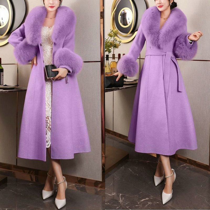 Autumn and winter new high-end imitation fox fur collar fur coat woolen coat thin large size long cotton clothes