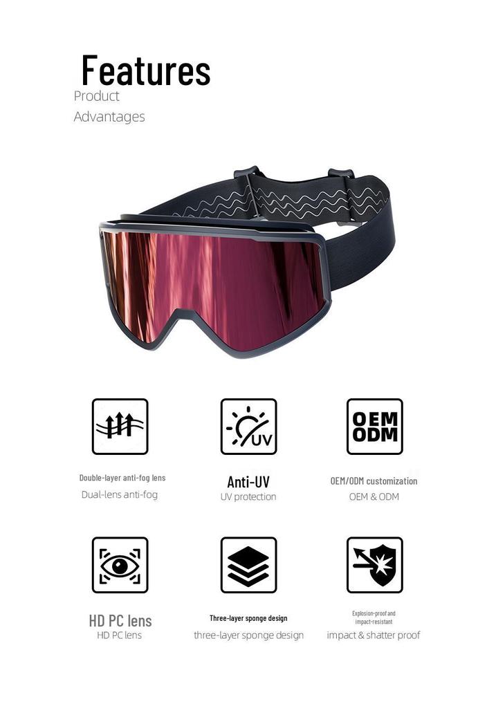 Dual-layer Anti-fog Ski Goggles with HD Cylindrical Lenses, UV Protection, and Snow Blindness Shield.