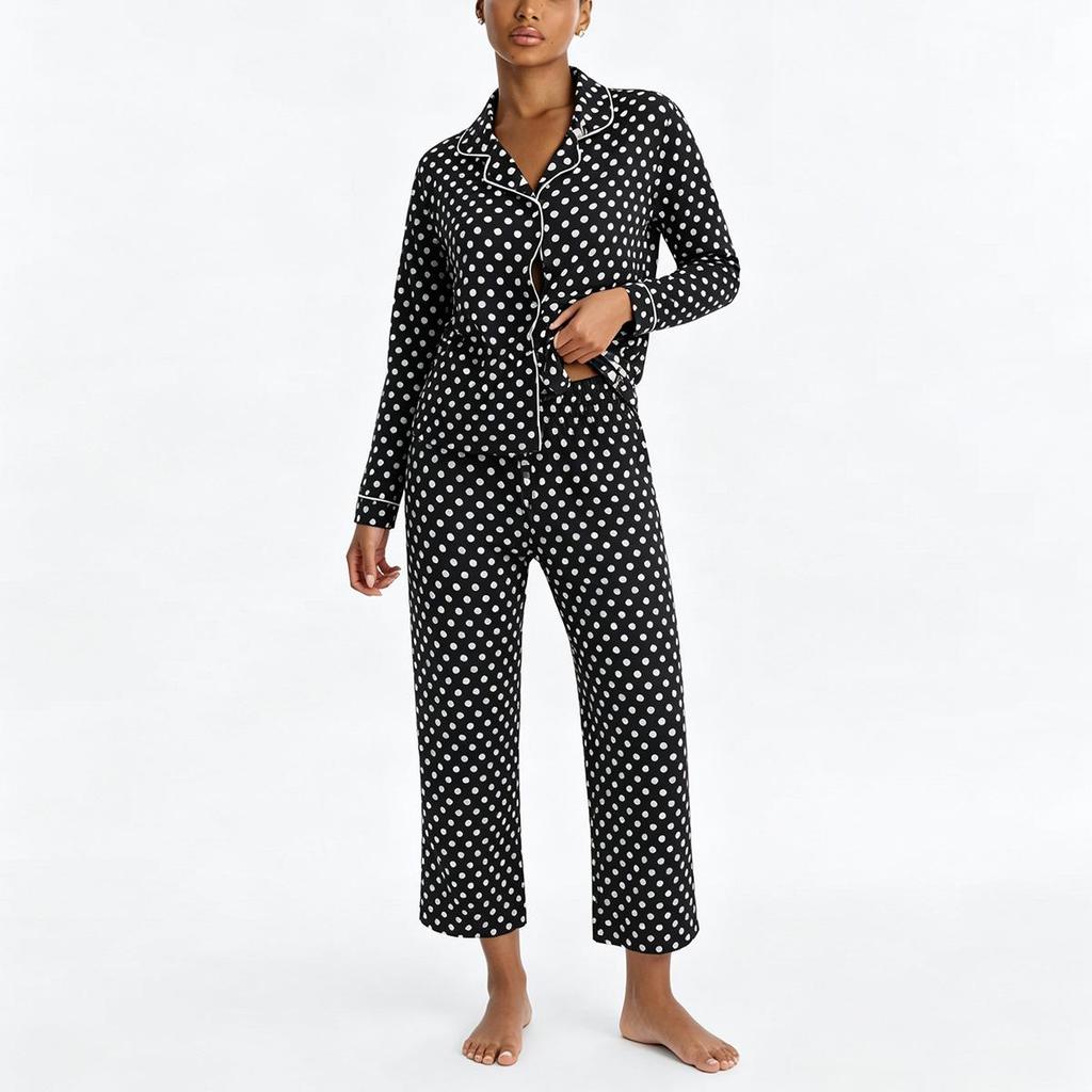 Europäischer und Amerikanischer Gestreifter Cardigan Pyjama Set - Damen Zweiteiliges Langarm Oberteil und Hose für Herbst und Winter
