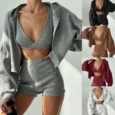 Women's Ribbed Cropped Hoodie and Shorts Set In Five Colors