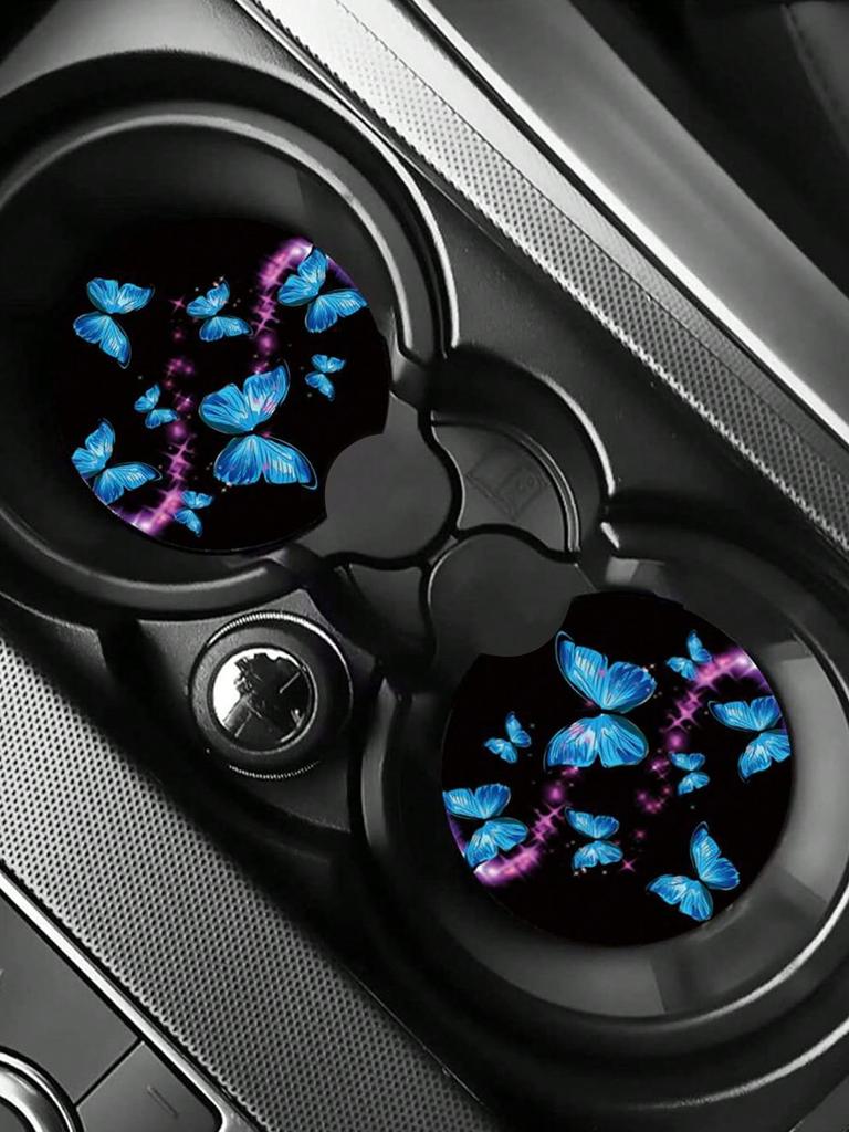 2er-Pack Schmetterlingsmuster Auto-Getränkehalter-Untersetzer – Saugfähige, Hitzebeständige, Rutschfeste Tassenmatte, Auto-Innenraum-Deko-Zubehör