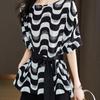 Casual Fashion Wave Pattern Printed Loose Blouses Korean Summer Short Sleeve Bandage Waist Chiffon Shirt