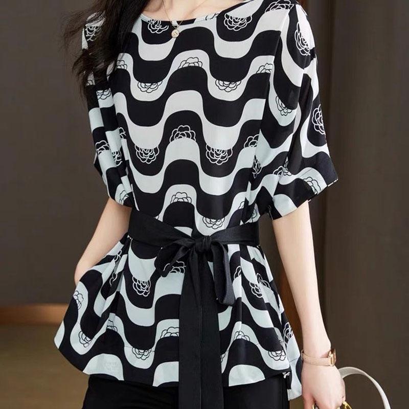 

Повседневная Мода Волнообразный Принт Свободные Блузки Корейский Летний Короткий Рукав Завязка на Талии Шифоновая Рубашка 4XL чёрный