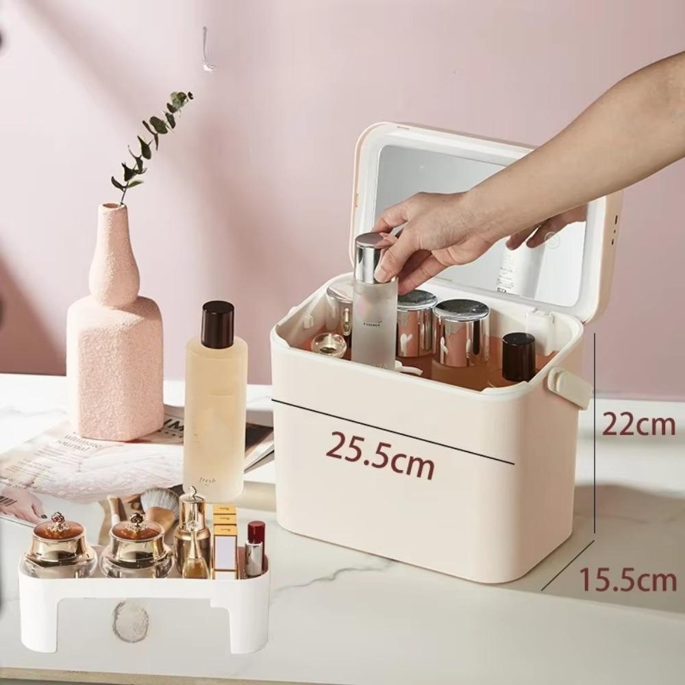 

New Lid Mirror Cosmetic Storage Box Handle Dust Proof Makeup Organizer Box Multiple Uses Large Capacity Cosmetics Storage Rack рожевий