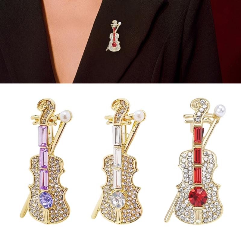 Rhinestones Studded Violin Shape Brooch Lapel Pin Artistic Brooch Pin for Formal Event Outfit Women and Men Unisex