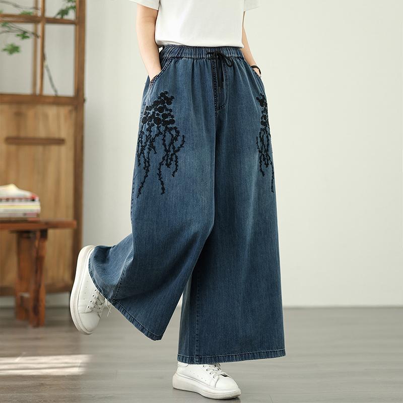 

DIMANAF 2025 Летние джинсы Брюки больших размеров Женские эластичные длинные брюки Базовые шаровары Джинсовые свободные широкие брюки Повседневные брюки XL синий