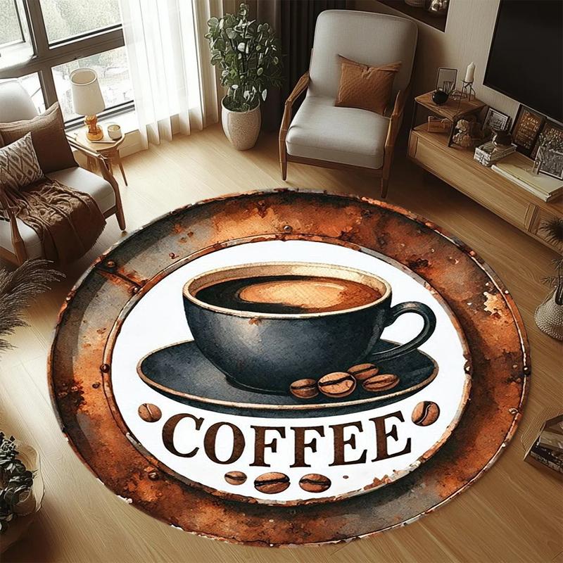 

Vintage Coffee Cup Bean Print Round Area Rug Non-Slip Washable Floor Mat in Teal Brown Orange for Coffee Lovers Home Decor 80cm x 80cm