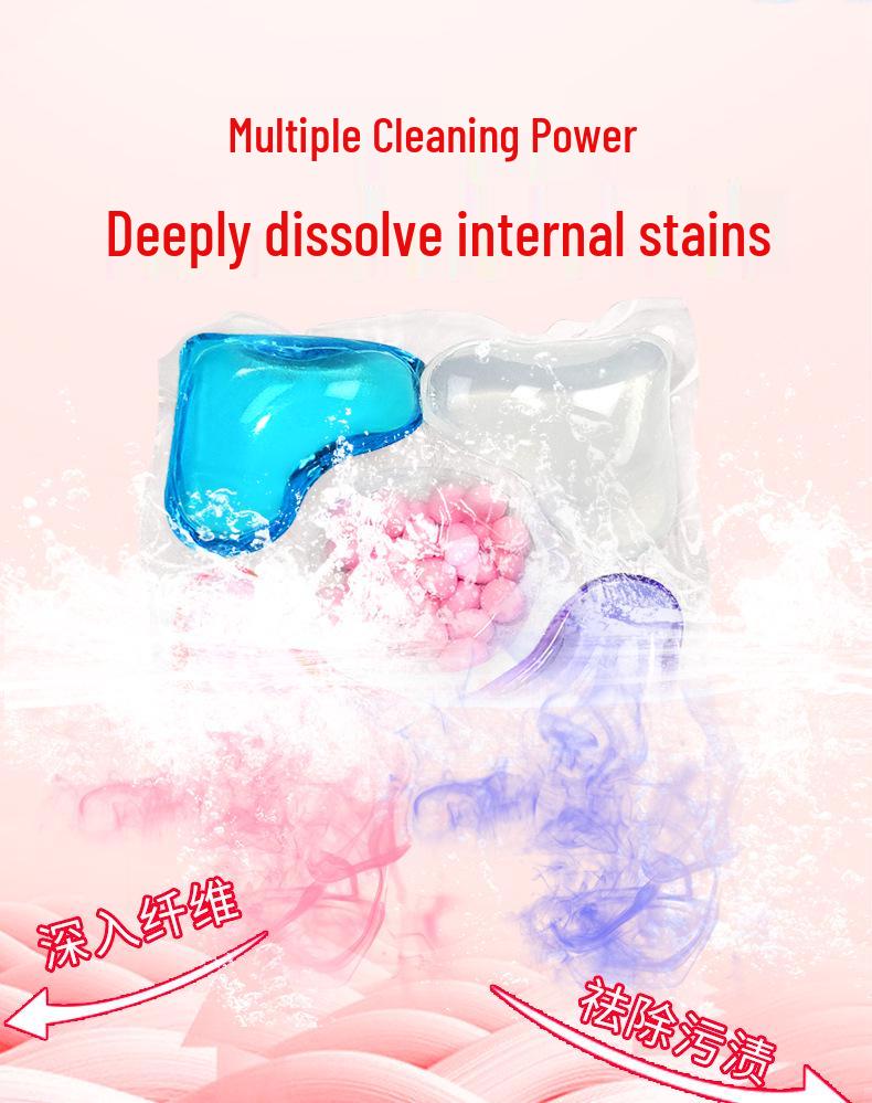 100-piece pack of five-in-one laundry pods with fragrance, softening, stain removal, and five-chamber design.