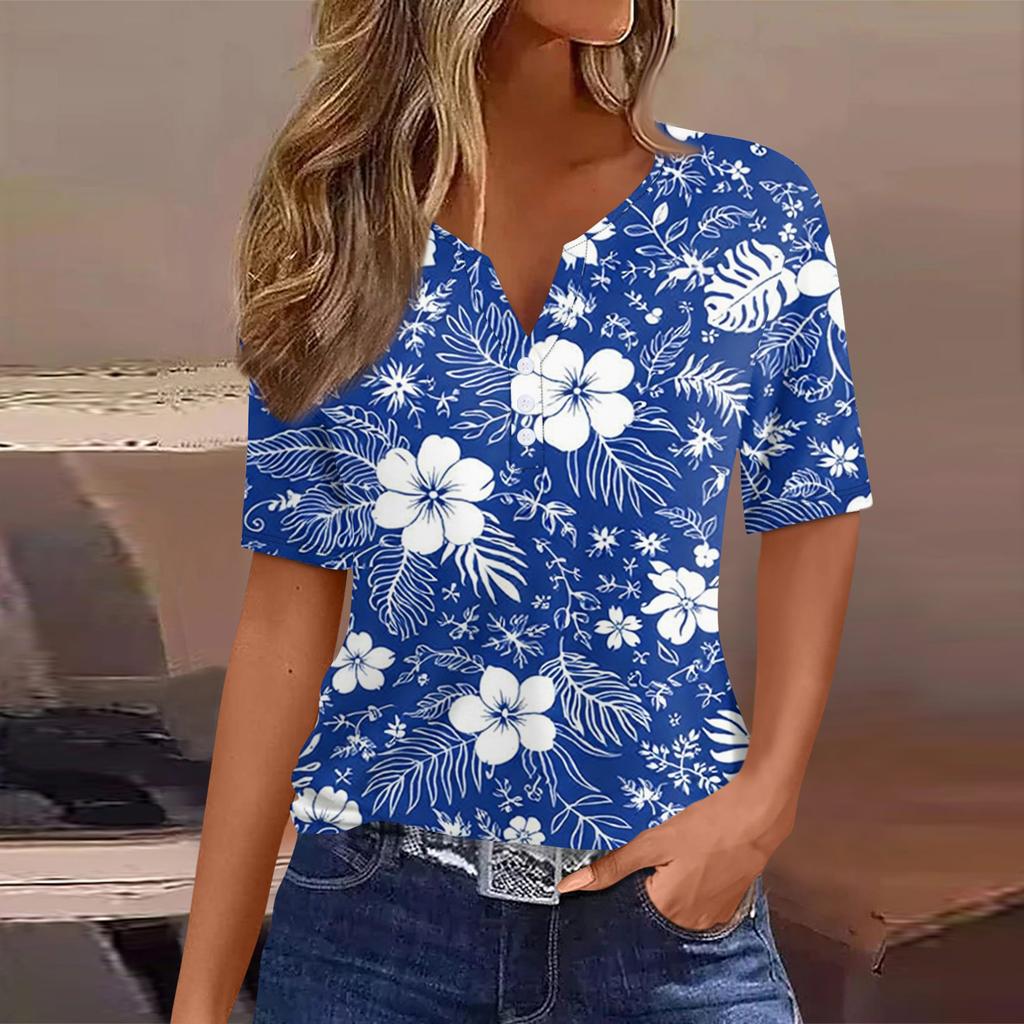 Women's T Shirt Tee Printed Button Short Sleeve Tunic Daily Weekend Fashion Basic V- Neck Regular Top