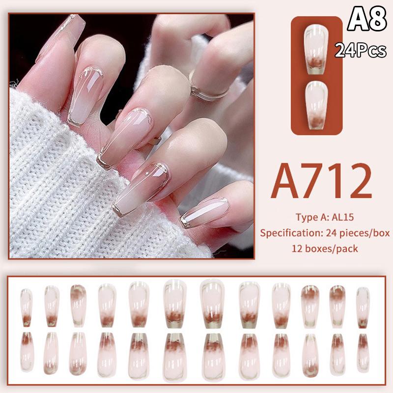 24Pcs French Multiple Styles Fake Nails Press On Nails Gel On Painted Reusable Fast Wearable Nail Tips Detachable Full Finished
