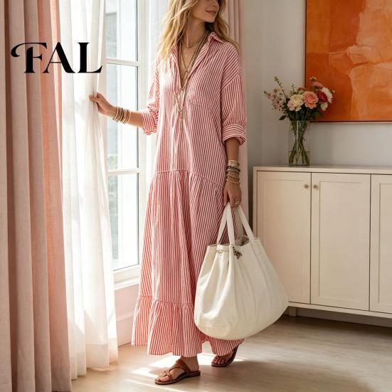 Loose Women Dress Striped Long Sleeve Dress, V-Neck Collar Maxi Shirt Fit for Summer Autumn, Breathable Casual Ladies