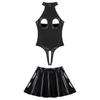 Womens Wet Look Patent Leather Set Halter Open Cup Crotchless Bodysuit with Zipper Flared Skirt for Lingerie Night Club