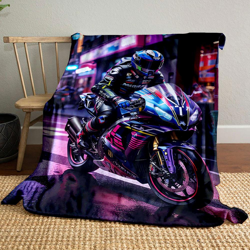 "Racer On Neon Streets Motorcycle Design" Patterned Blanket, Flannel, Suitable for All Seasons, Home Decor, Warm and Cozy