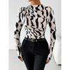 Women's Long Sleeve Shirts Geo Print Ruched Tees Mock Neck Elegant T-Shirt Tops