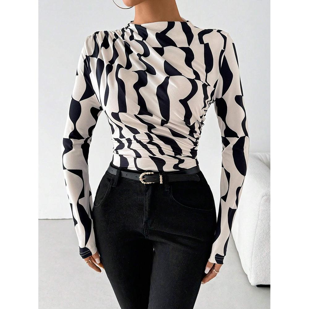 Women's Long Sleeve Shirts Geo Print Ruched Tees Mock Neck Elegant T-Shirt Tops