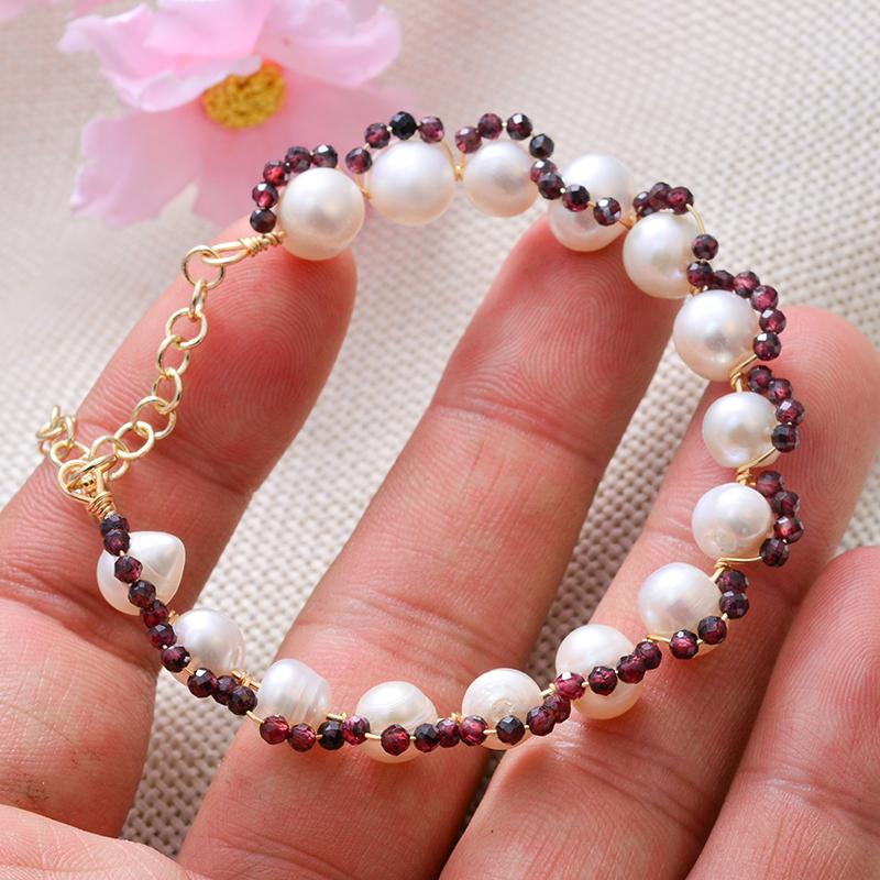 New Style Elegant Natural Freshwater Pearl & Garnet Stone 14K Gold Filled Female Short Beads Chain Bracelet  Gifts 2026