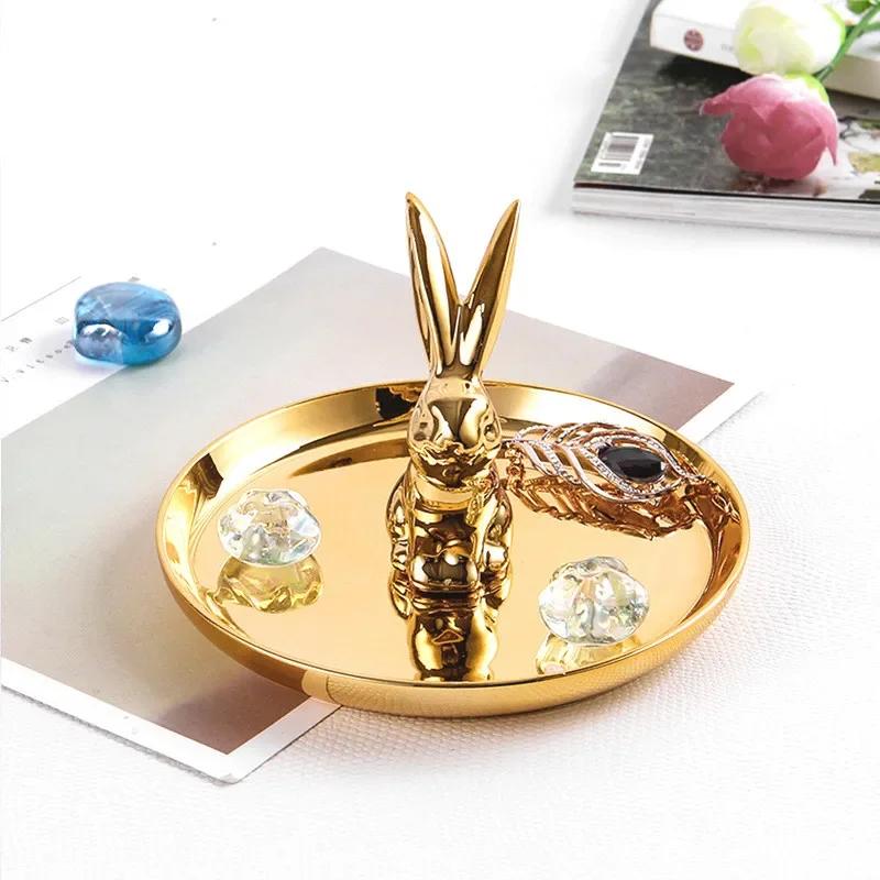 European Style Dressing Table Golden Animal Horse Rabbit Ceramic Jewelry Storage Tray Jewelry Storage Box
