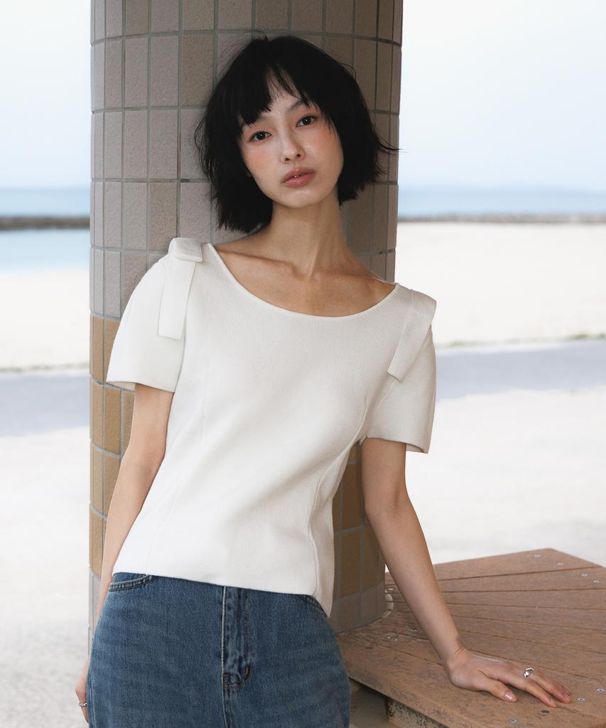 DEHEVE Boat Neck Ribbon Knit [Ivory]