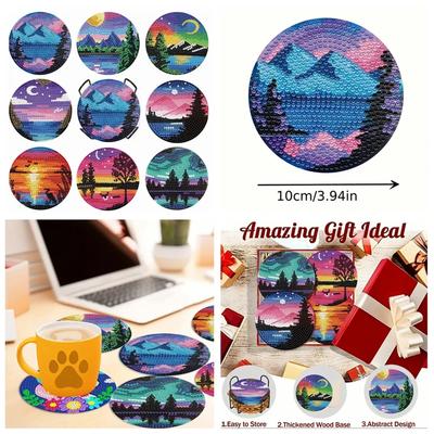 8pcs/Set DIY Diamond Painting Coasters with Holder Anti Slip Wood Drip Mats Crystal Rhinestones Diamond Art Coasters for Adults