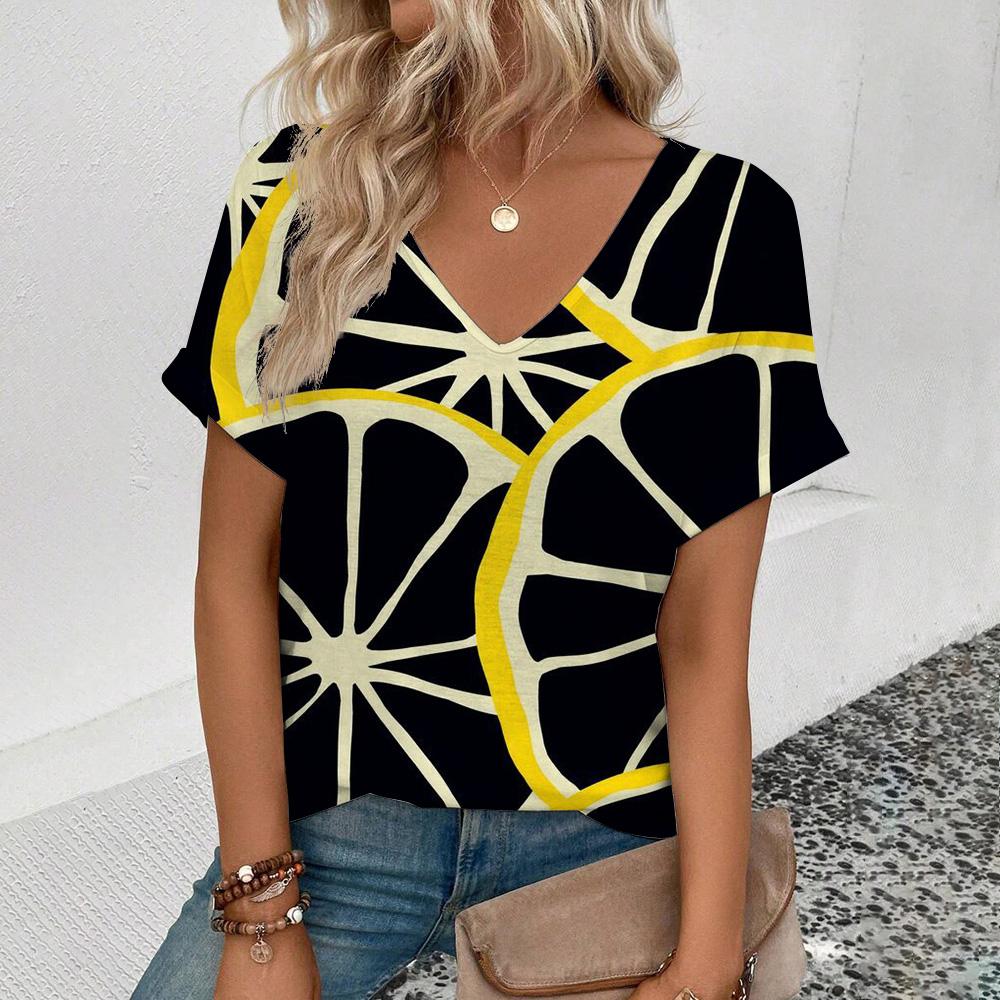 elegant women's v-neck t-Shirt fashion  funny fruit pattern print t-Shirt popular short sleeve t-Shirt summer leisure t-Shirt
