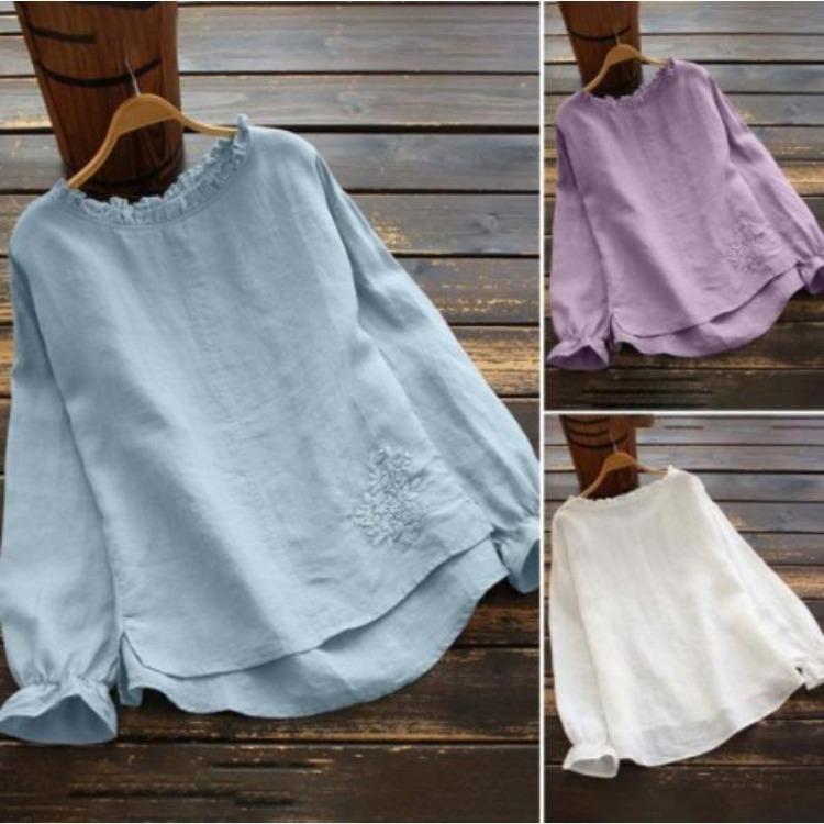 Vintage Cotton Embroidery Floral Blouse Long Sleeve Loose Casual Ruffled Top Women Chemise Autumn Shirt