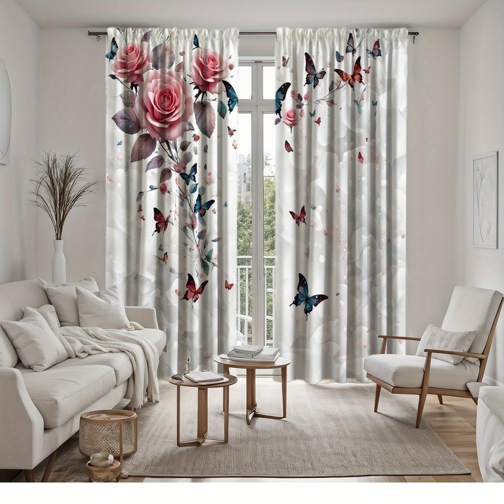 Pink Blue Rose Butterfly Curtains Hd Digital Print Pocket Rod Top Living Room Bedroom Home Decor Set Curtain With Sheer Polyester Perfect For Area