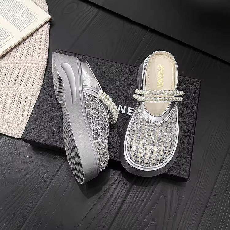 2025 New Thick-soled Heightening Pearl Super Fire One-pedal Bag Head Half Slippers Women's Summer Outer Wear Hollow Cool Slippers