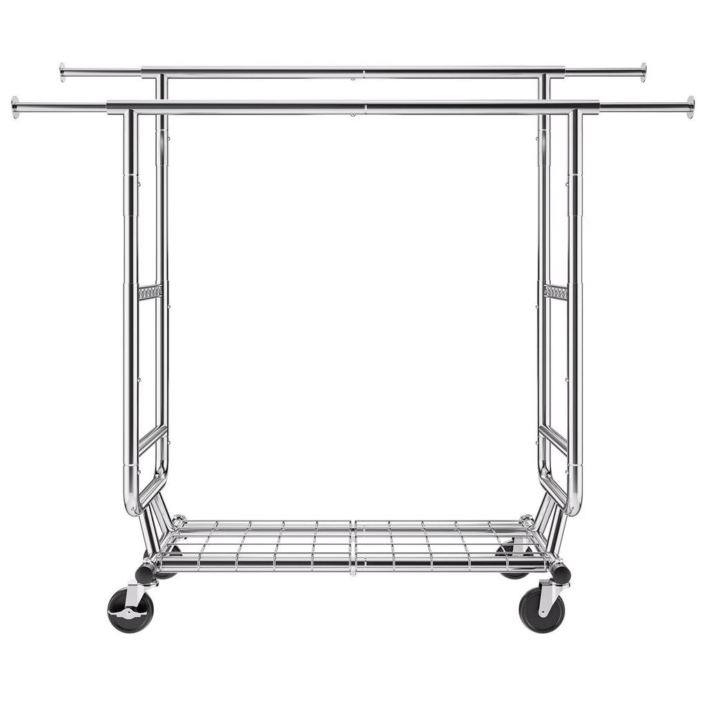 Heavy Duty Clothes Rack, Double Hanging Rod Clothing Garment Rack for Hanging Clothes, Adjustable Height and Extendable Length Clothing Rack with
