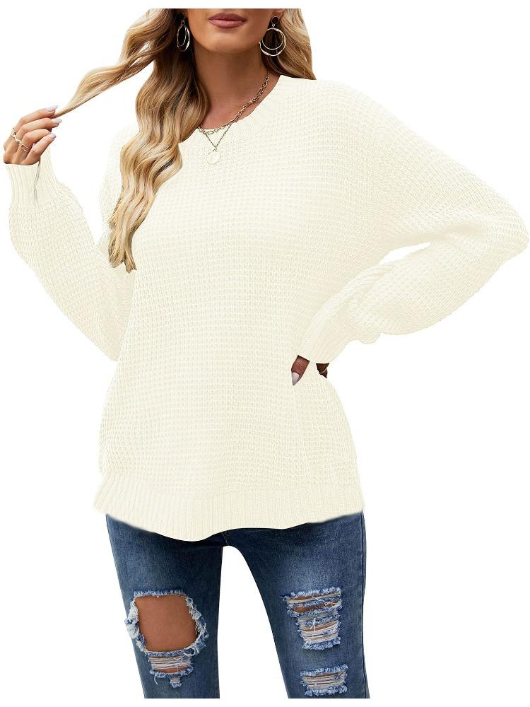 Autumn Winter Casual Round Neck Waffle Weave Long Sleeve Loose Fit Solid Colour Pullover Knit Sweater for Women Luxurious Relaxed Versatile Top