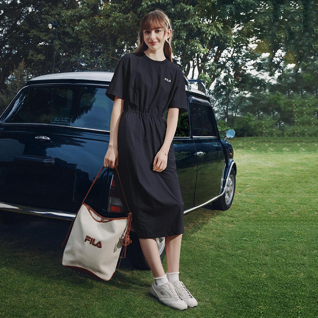 FILA Original Fashion Simple Retro Casual Versatile Comfortable Loose Lightweight Outdoor Woven Short Sleeve Dress Women dresses Black F51W629310FBK