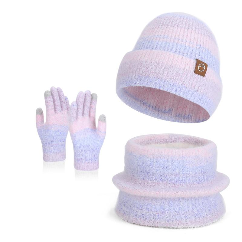 Hat Scarf Gloves Three-Piece Set Winter Outdoor Windproof Cold Warm Knitted Hat Women's Ear Guard Head Wool Hat