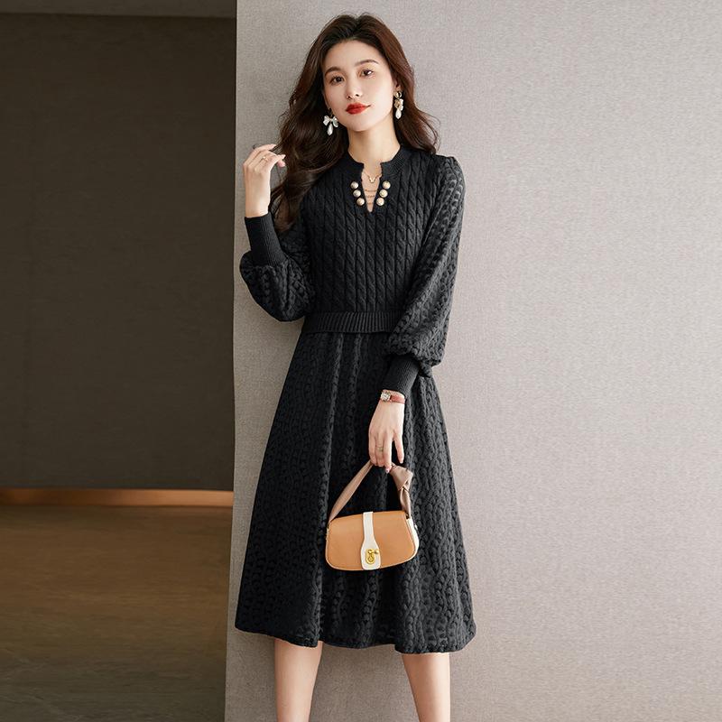 GMXIA Women's Knitted Dresses Autumn and Winter New Fashion Lantern Sleeve Long Sweater Dresses